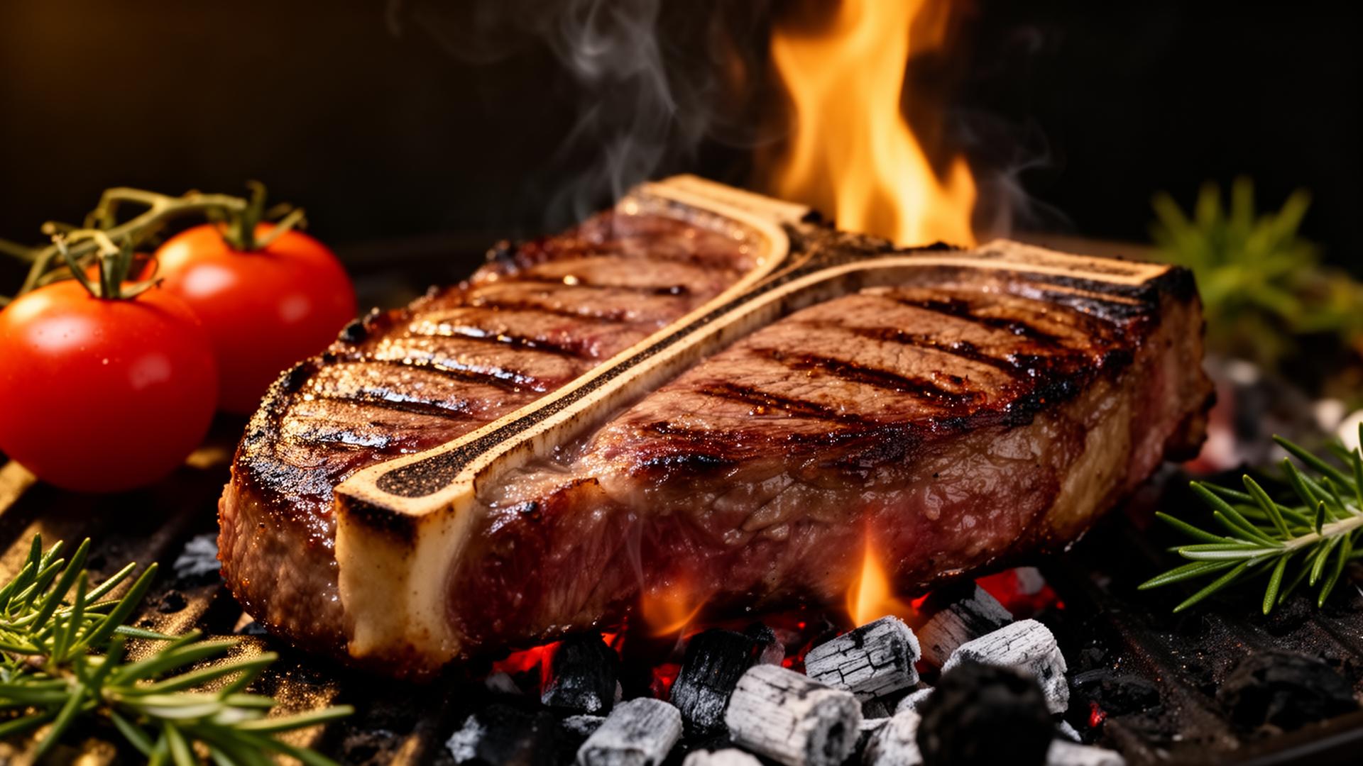 Sappige T-bone steak gegrild op houtskool